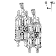 Sterling Silver 39mm Jewish Torah Scroll with Star Earrings (White or Yellow Gold Plated)