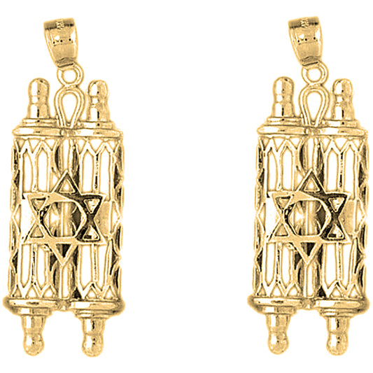 Yellow Gold-plated Silver 39mm Jewish Torah Scroll with Star Earrings