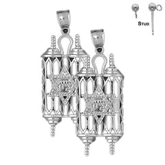 Sterling Silver 49mm Jewish Torah Scroll with Star Earrings (White or Yellow Gold Plated)