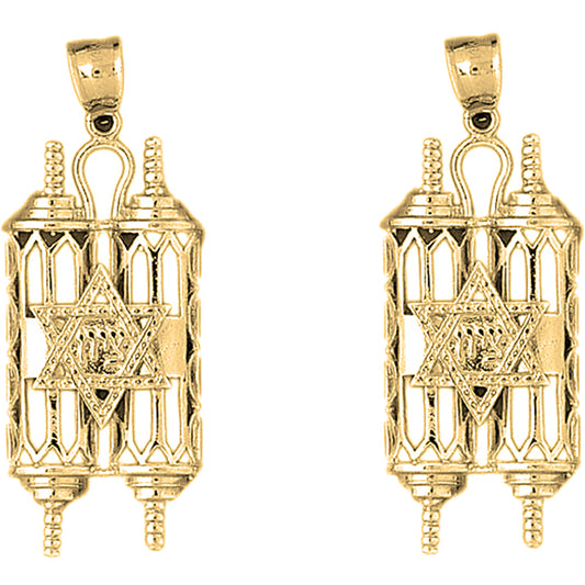Yellow Gold-plated Silver 49mm Jewish Torah Scroll with Star Earrings