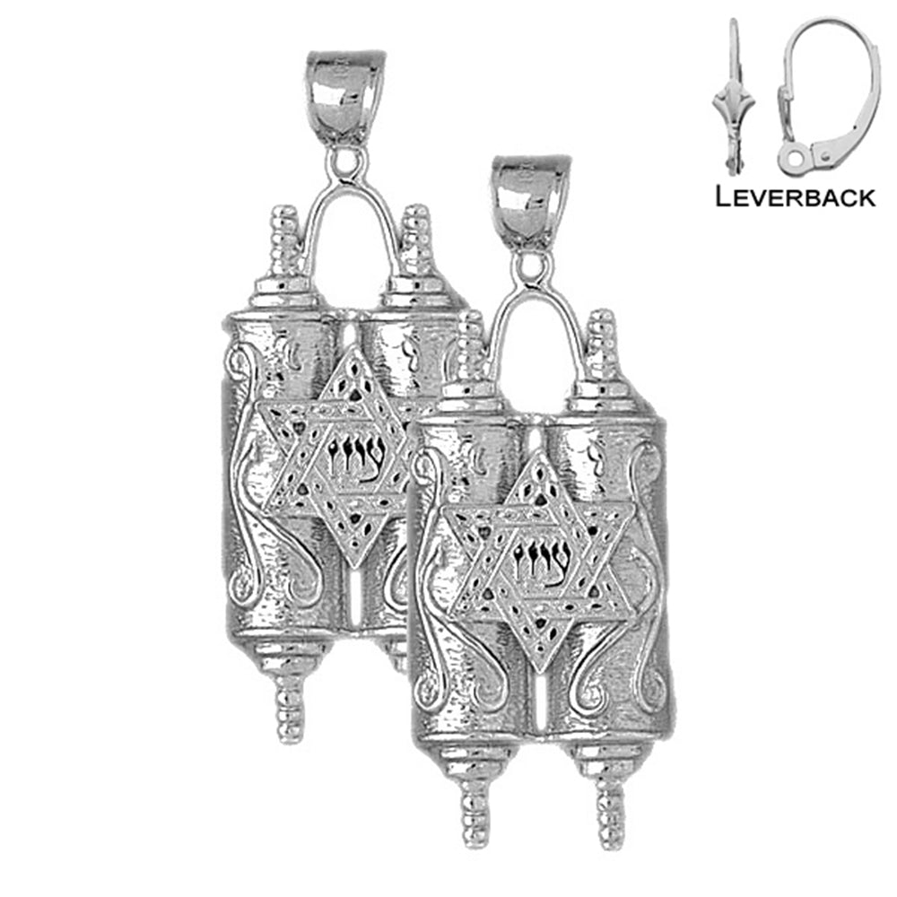 Sterling Silver 49mm Jewish Torah Scroll with Star Earrings (White or Yellow Gold Plated)