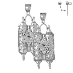 Sterling Silver 49mm Jewish Torah Scroll with Star Earrings (White or Yellow Gold Plated)