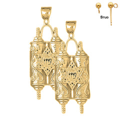 Sterling Silver 49mm Jewish Torah Scroll with Star Earrings (White or Yellow Gold Plated)