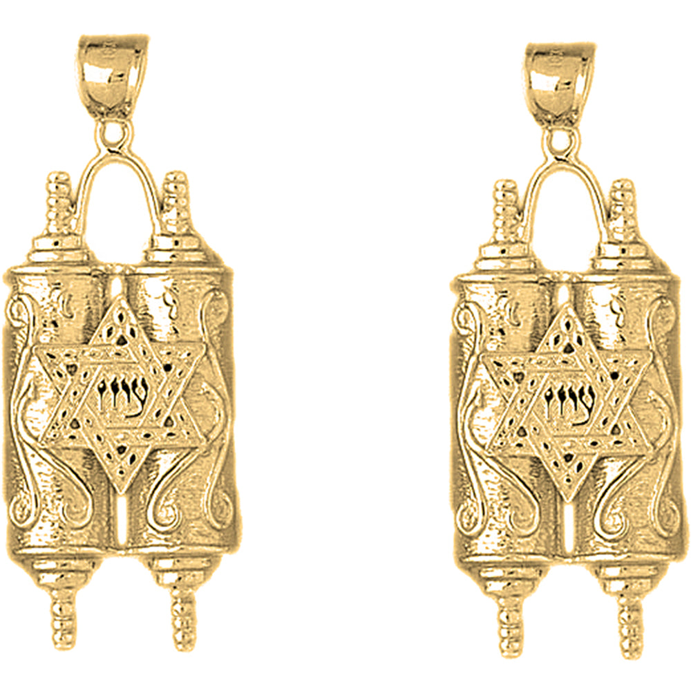 Yellow Gold-plated Silver 49mm Jewish Torah Scroll with Star Earrings