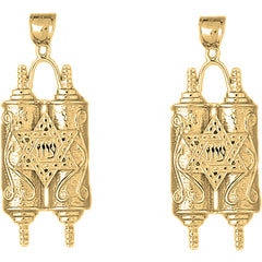 Yellow Gold-plated Silver 49mm Jewish Torah Scroll with Star Earrings