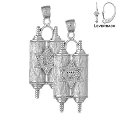 Sterling Silver 51mm Jewish Torah Scroll with Star Earrings (White or Yellow Gold Plated)