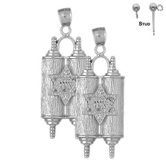 Sterling Silver 51mm Jewish Torah Scroll with Star Earrings (White or Yellow Gold Plated)