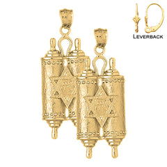 Sterling Silver 50mm Jewish Torah Scroll with Star Earrings (White or Yellow Gold Plated)