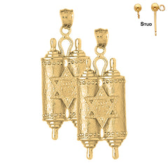 Sterling Silver 50mm Jewish Torah Scroll with Star Earrings (White or Yellow Gold Plated)