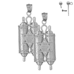 Sterling Silver 50mm Jewish Torah Scroll with Star Earrings (White or Yellow Gold Plated)