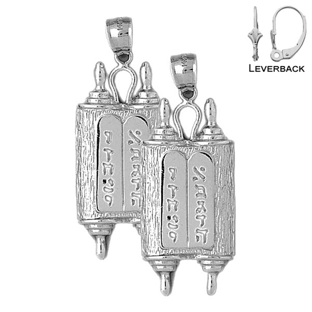 Sterling Silver 47mm Jewish Torah Scroll with Commandments Earrings (White or Yellow Gold Plated)
