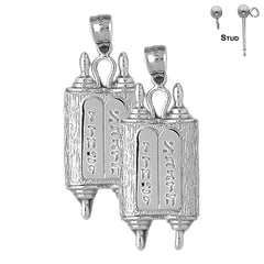 Sterling Silver 47mm Jewish Torah Scroll with Commandments Earrings (White or Yellow Gold Plated)