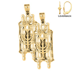 Sterling Silver 40mm Torah Scroll with Star & Menorah Earrings (White or Yellow Gold Plated)