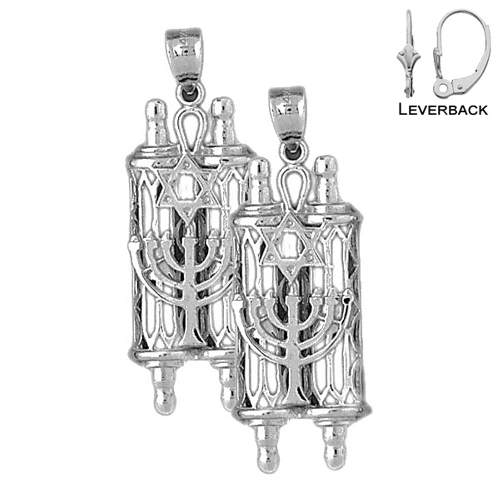 Sterling Silver 40mm Torah Scroll with Star & Menorah Earrings (White or Yellow Gold Plated)