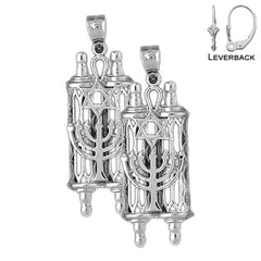 Sterling Silver 40mm Torah Scroll with Star & Menorah Earrings (White or Yellow Gold Plated)