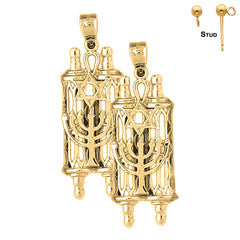Sterling Silver 40mm Torah Scroll with Star & Menorah Earrings (White or Yellow Gold Plated)