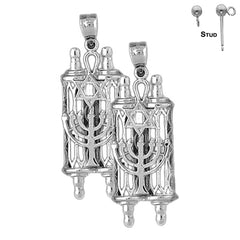 Sterling Silver 40mm Torah Scroll with Star & Menorah Earrings (White or Yellow Gold Plated)