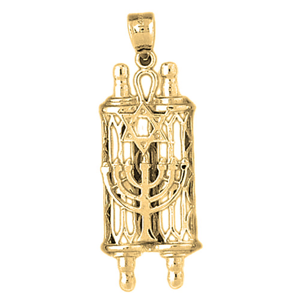 10K, 14K or 18K Gold Torah Scroll with Star & Menorah Pendant