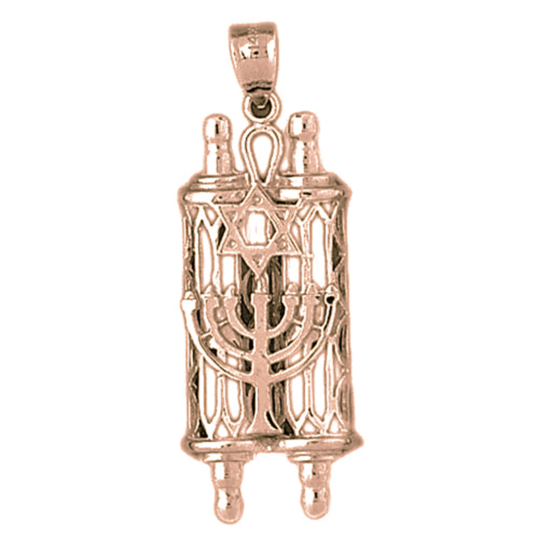 10K, 14K or 18K Gold Torah Scroll with Star & Menorah Pendant