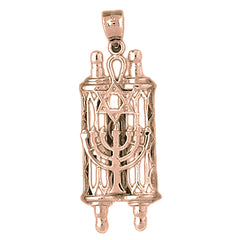 10K, 14K or 18K Gold Torah Scroll with Star & Menorah Pendant