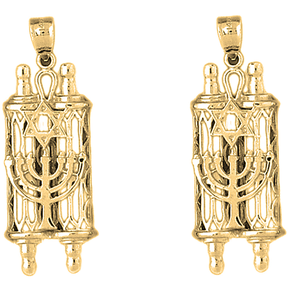 Yellow Gold-plated Silver 40mm Torah Scroll with Star & Menorah Earrings