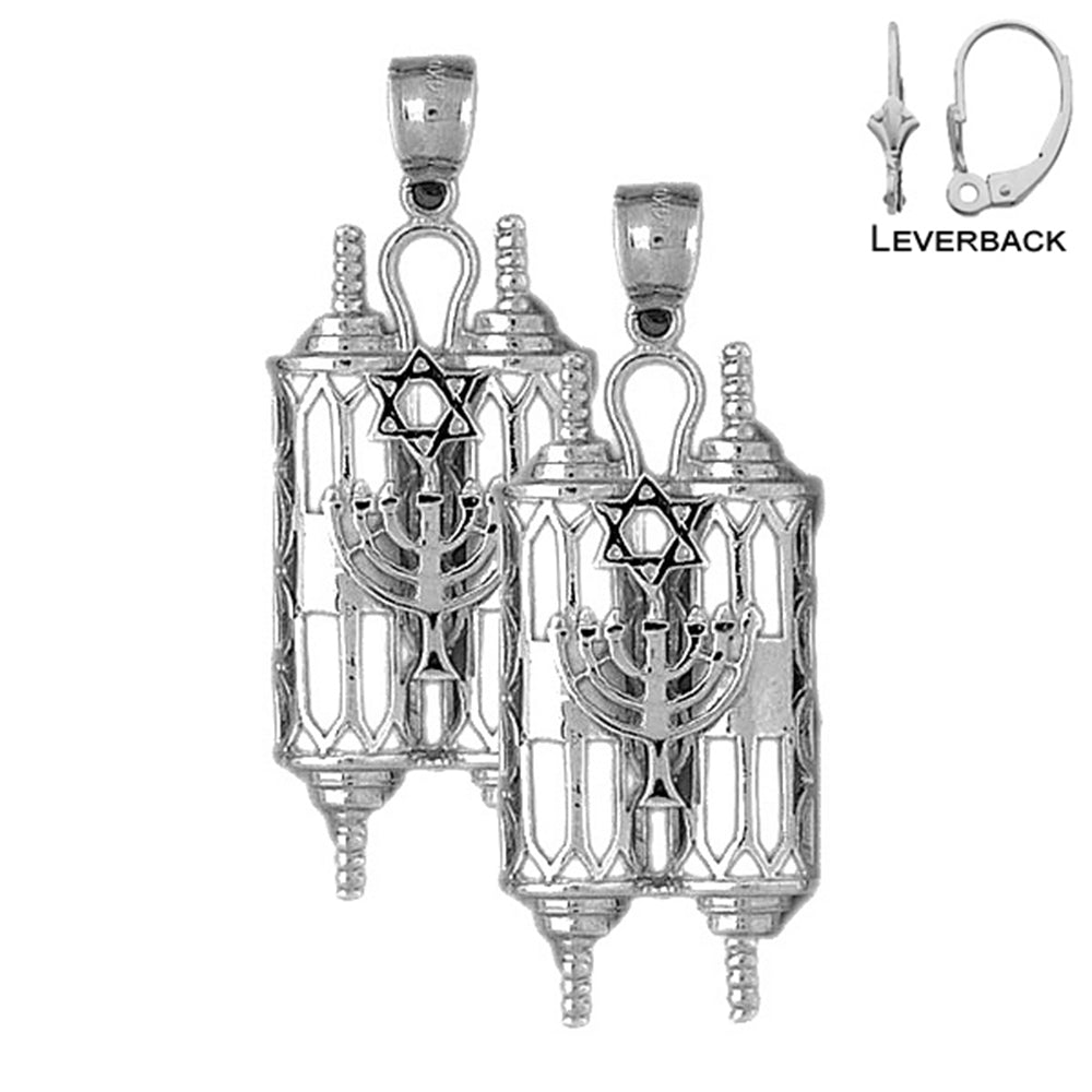 Sterling Silver 49mm Torah Scroll with Star & Menorah Earrings (White or Yellow Gold Plated)