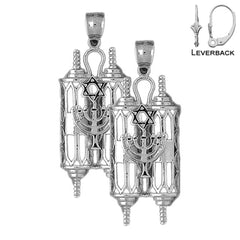 Sterling Silver 49mm Torah Scroll with Star & Menorah Earrings (White or Yellow Gold Plated)