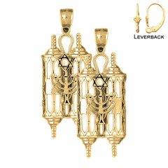 Sterling Silver 49mm Torah Scroll with Star & Menorah Earrings (White or Yellow Gold Plated)
