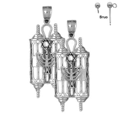 Sterling Silver 49mm Torah Scroll with Star & Menorah Earrings (White or Yellow Gold Plated)