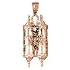 10K, 14K or 18K Gold Torah Scroll with Star & Menorah Pendant