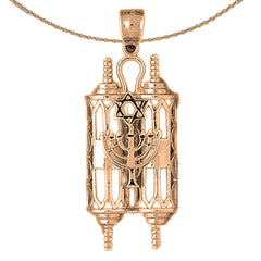 10K, 14K or 18K Gold Torah Scroll with Star & Menorah Pendant