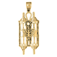 10K, 14K or 18K Gold Torah Scroll with Star & Menorah Pendant