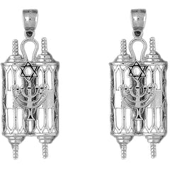 Sterling Silver 49mm Torah Scroll with Star & Menorah Earrings