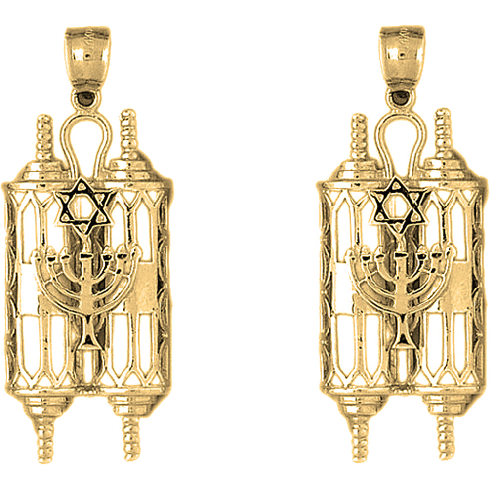 Yellow Gold-plated Silver 49mm Torah Scroll with Star & Menorah Earrings