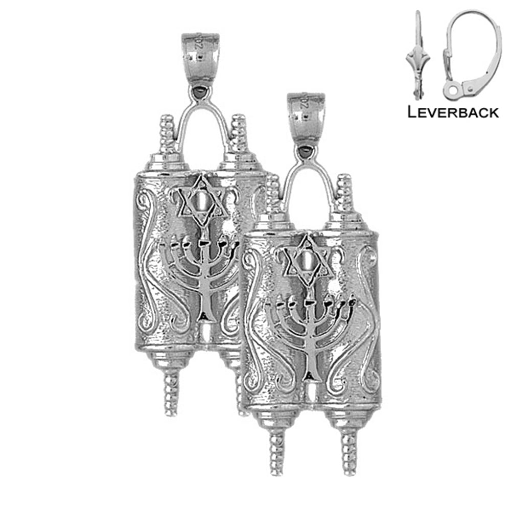 Sterling Silver 52mm Torah Scroll with Star & Menorah Earrings (White or Yellow Gold Plated)