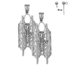 Sterling Silver 52mm Torah Scroll with Star & Menorah Earrings (White or Yellow Gold Plated)
