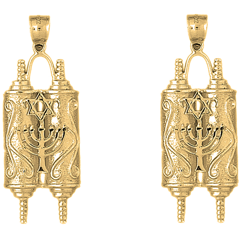 Yellow Gold-plated Silver 52mm Torah Scroll with Star & Menorah Earrings
