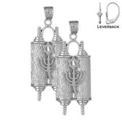 Sterling Silver 51mm Torah Scroll with Star & Menorah Earrings (White or Yellow Gold Plated)