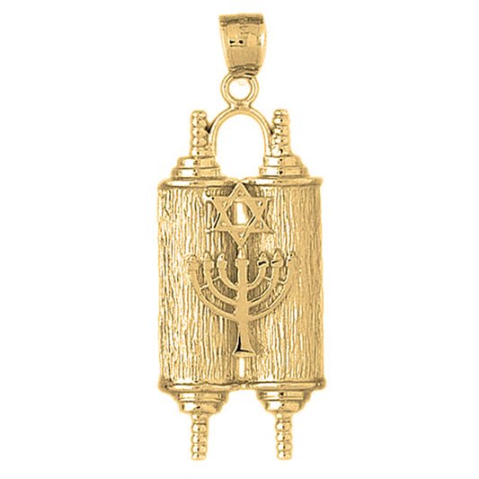 10K, 14K or 18K Gold Torah Scroll with Star & Menorah Pendant