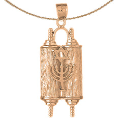 10K, 14K or 18K Gold Torah Scroll with Star & Menorah Pendant