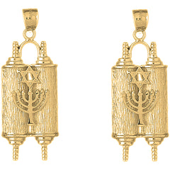 Yellow Gold-plated Silver 51mm Torah Scroll with Star & Menorah Earrings