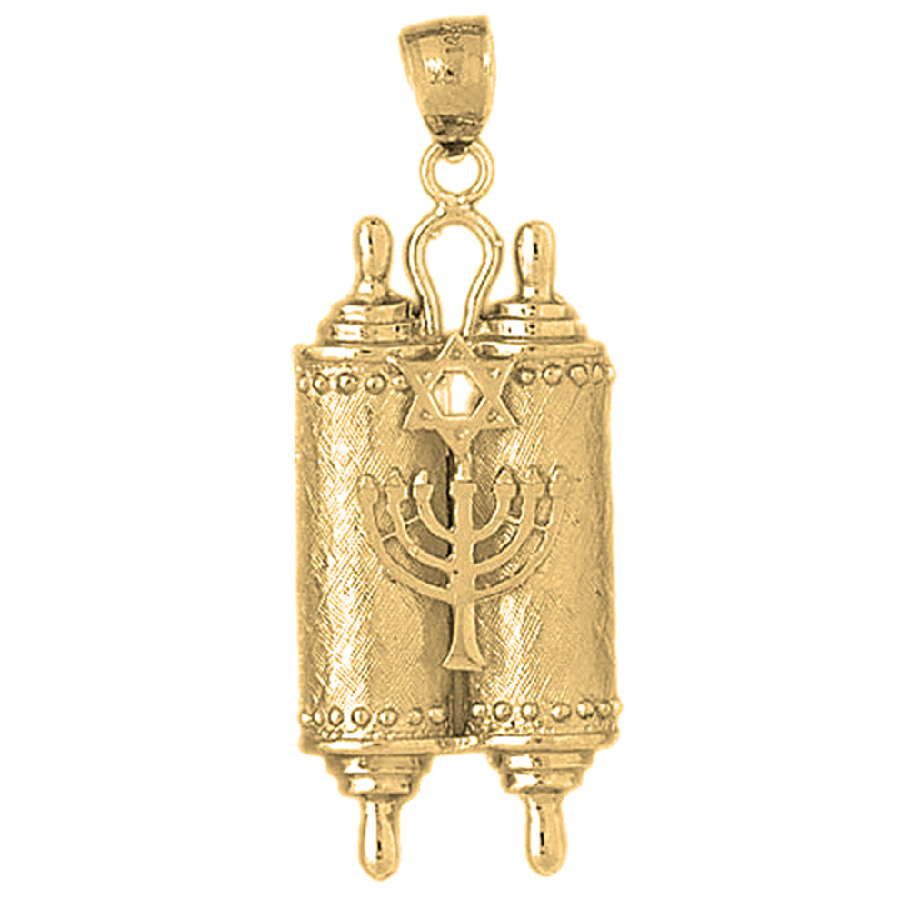 10K, 14K or 18K Gold Torah Scroll with Star & Menorah Pendant