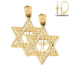 Sterling Silver 23mm Star of David with Cross Earrings (White or Yellow Gold Plated)