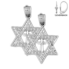 Sterling Silver 23mm Star of David with Cross Earrings (White or Yellow Gold Plated)