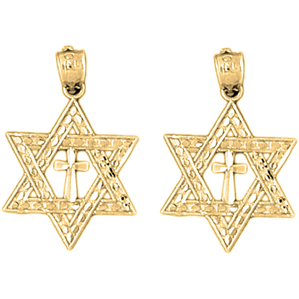 Yellow Gold-plated Silver 23mm Star of David with Cross Earrings