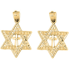 Yellow Gold-plated Silver 23mm Star of David with Cross Earrings