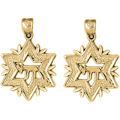 Yellow Gold-plated Silver 22mm Star of David with Chai Earrings