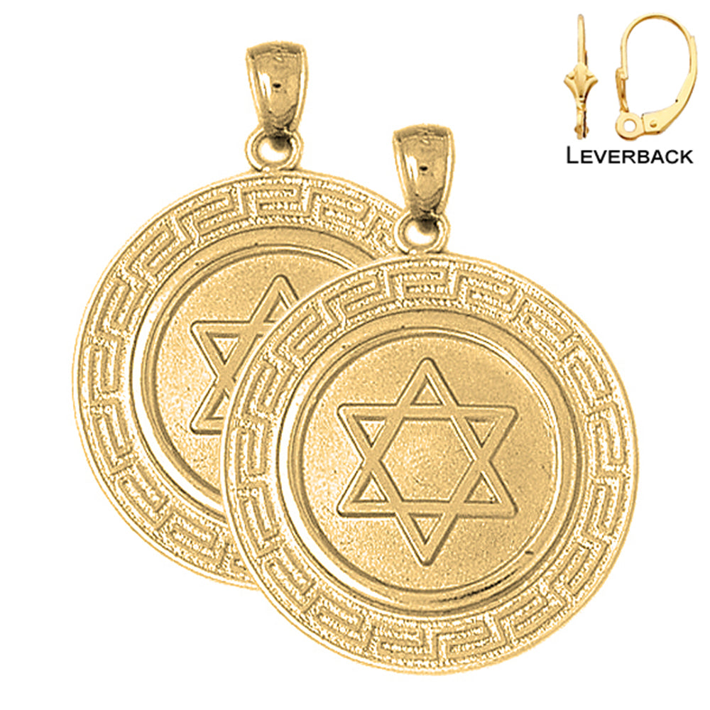 14K or 18K Gold Star of David with Greek Key Border Earrings