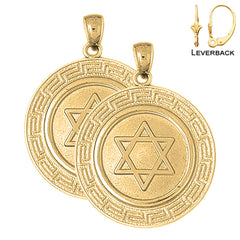 Sterling Silver 33mm Star of David with Greek Key Border Earrings (White or Yellow Gold Plated)