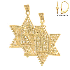 Pendientes de plata de ley con estrella de David de 37 mm y diez mandamientos (chapados en oro blanco o amarillo)